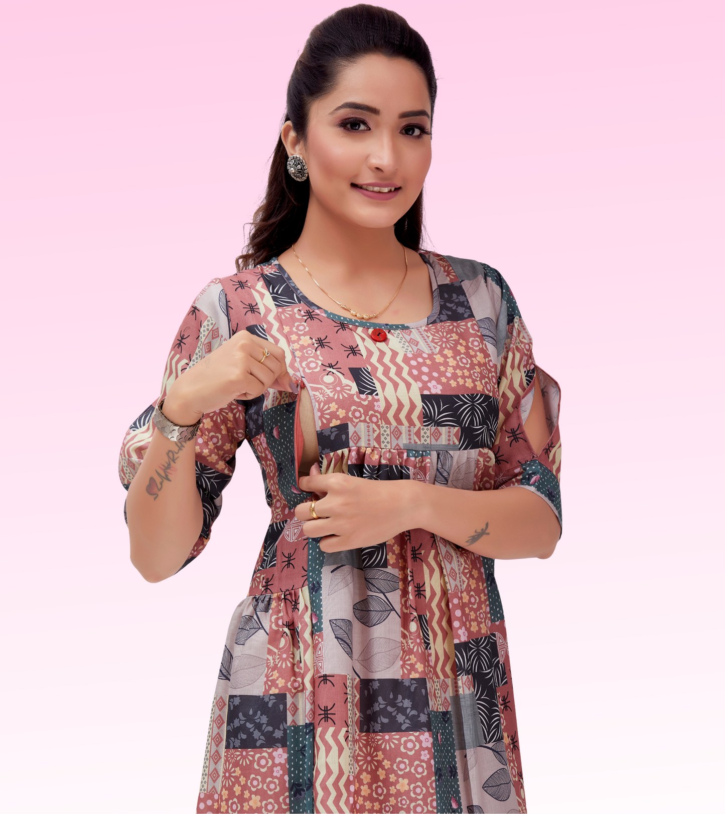 Polished Rust Cotton Printed Flared Feeding Kurta