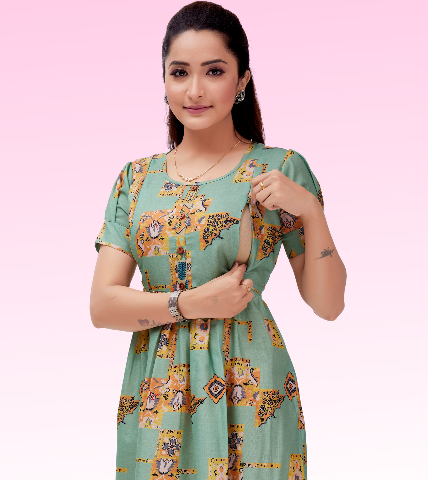 Gorgeous Green Cotton Printed Flared Feeding Kurta