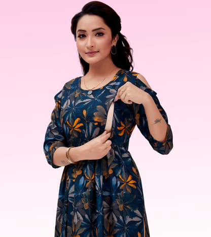 Stunning Blue Cotton Printed Flared Feeding Kurta