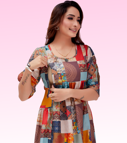 Multi Colour Cotton Printed Flared Feeding Kurta