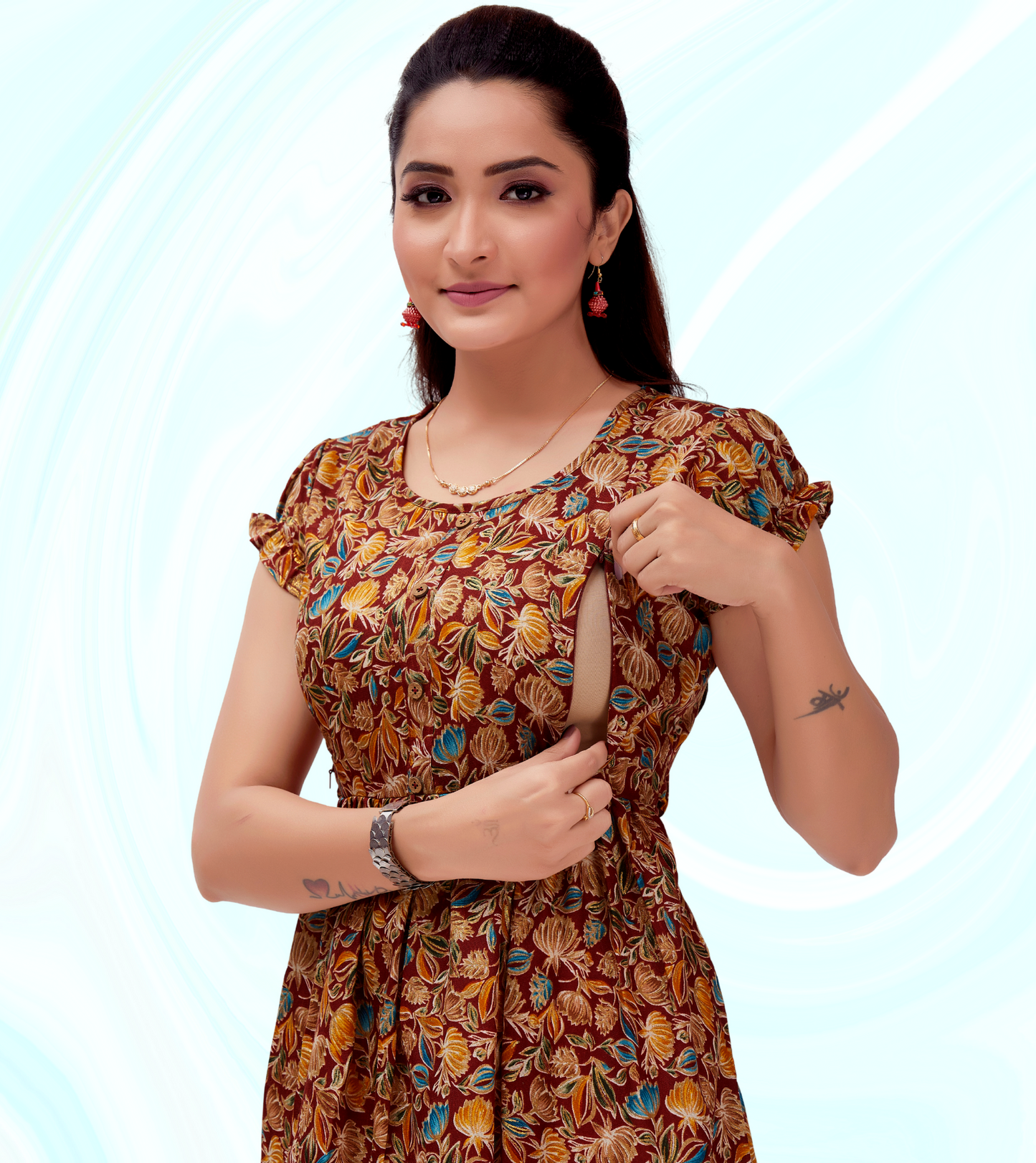 Affectionate Maroon Cotton Blend Printed Flared Feeding Kurta