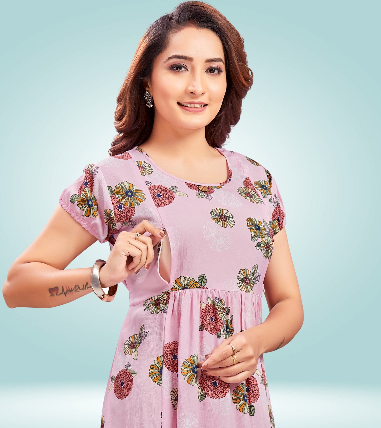 Soothing Pink Poly Wrinkle Printed Flared Feeding Kurta