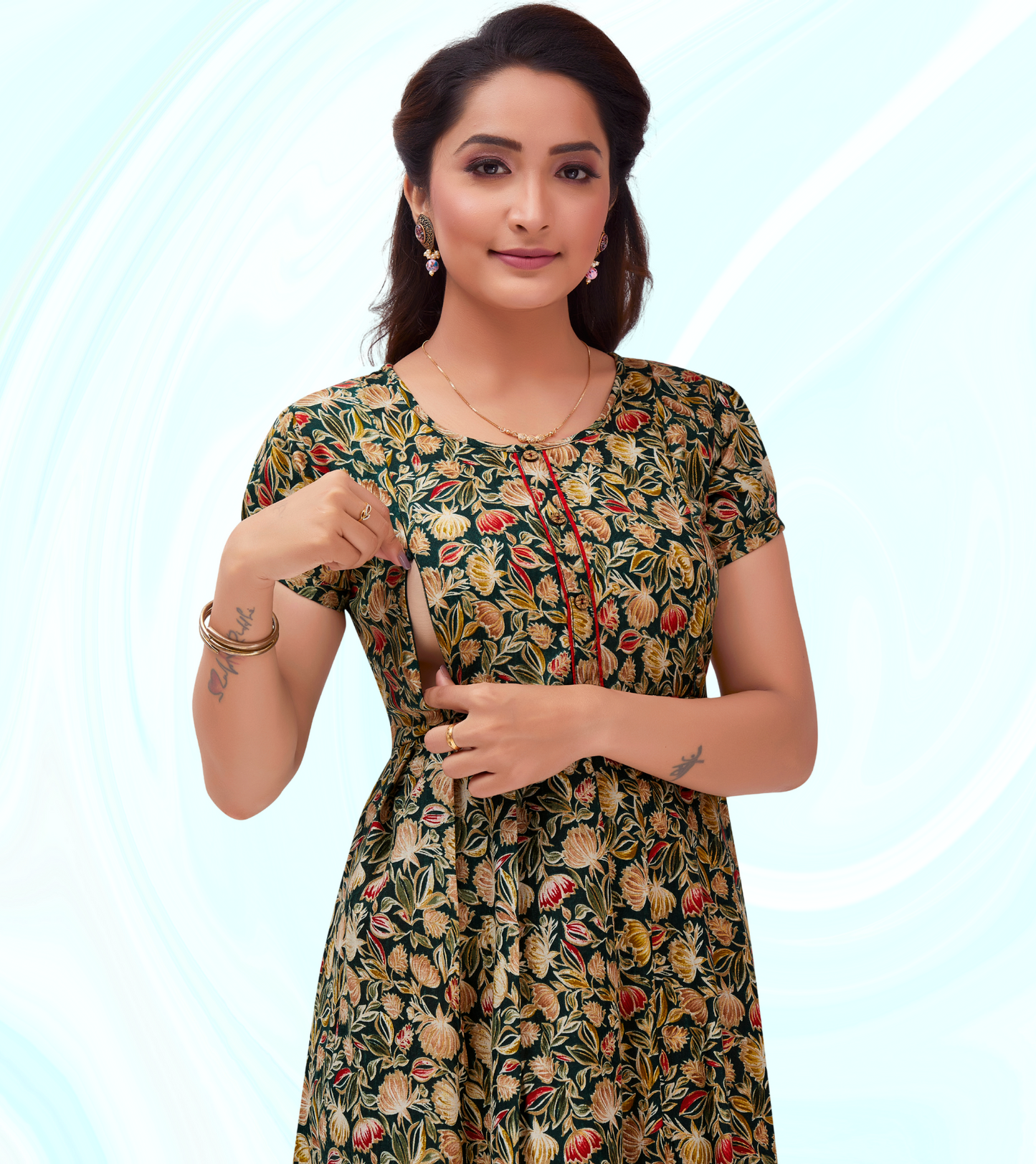 Adorable Green Cotton Blend Printed Flared Feeding Kurta