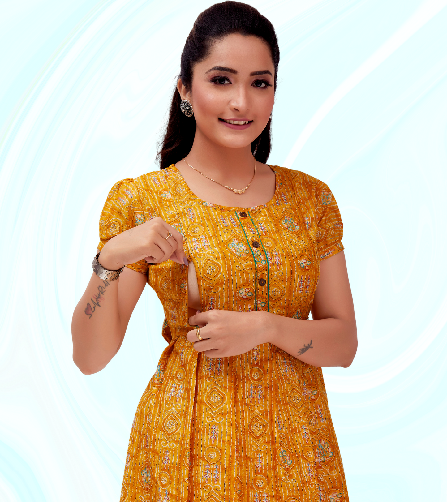 Classic Yellow Cotton Blend Printed Flared Feeding Kurta