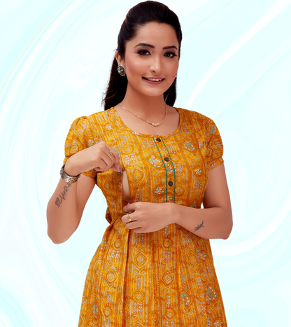 Classic Yellow Cotton Blend Printed Flared Feeding Kurta