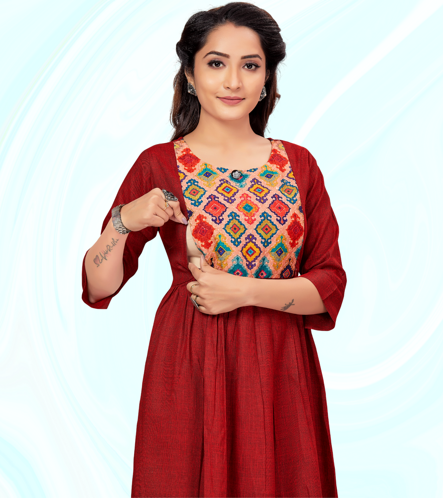 Exotic Red Rayon Printed Flared Feeding Kurta