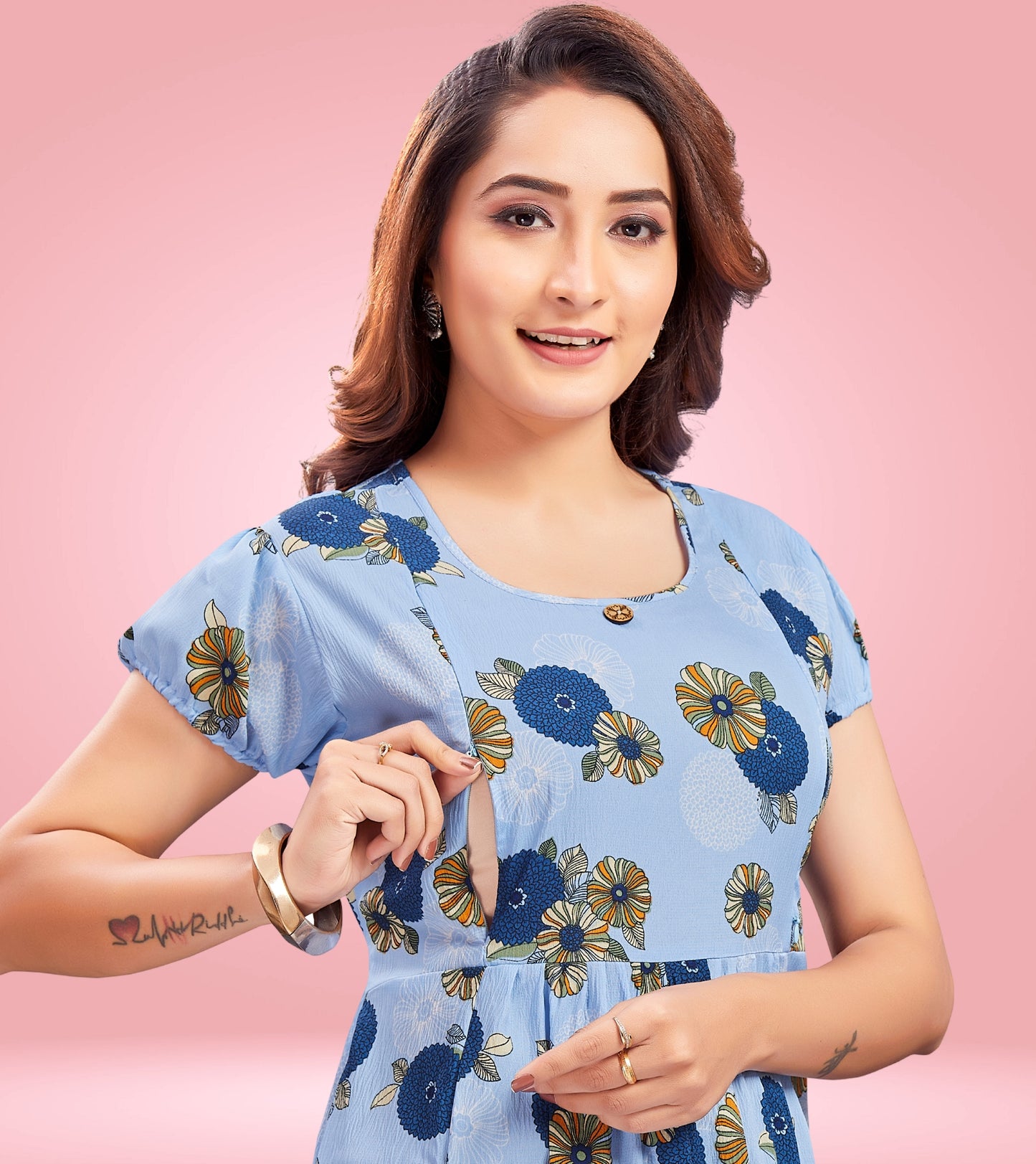 Mast Blue Poly Wrinkle Printed Flared Feeding Kurta