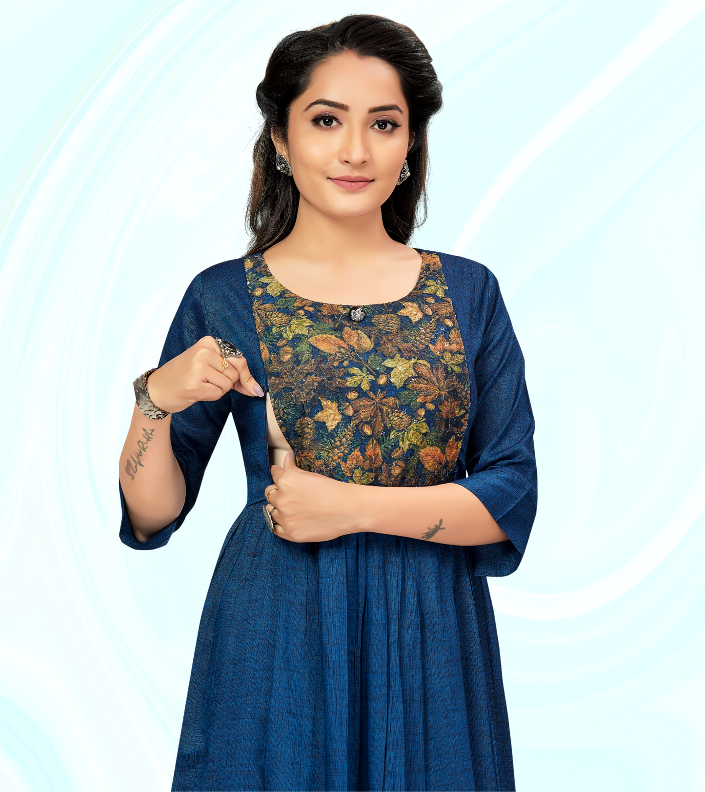 Affectionate Blue Rayon Printed Flared Feeding Kurta