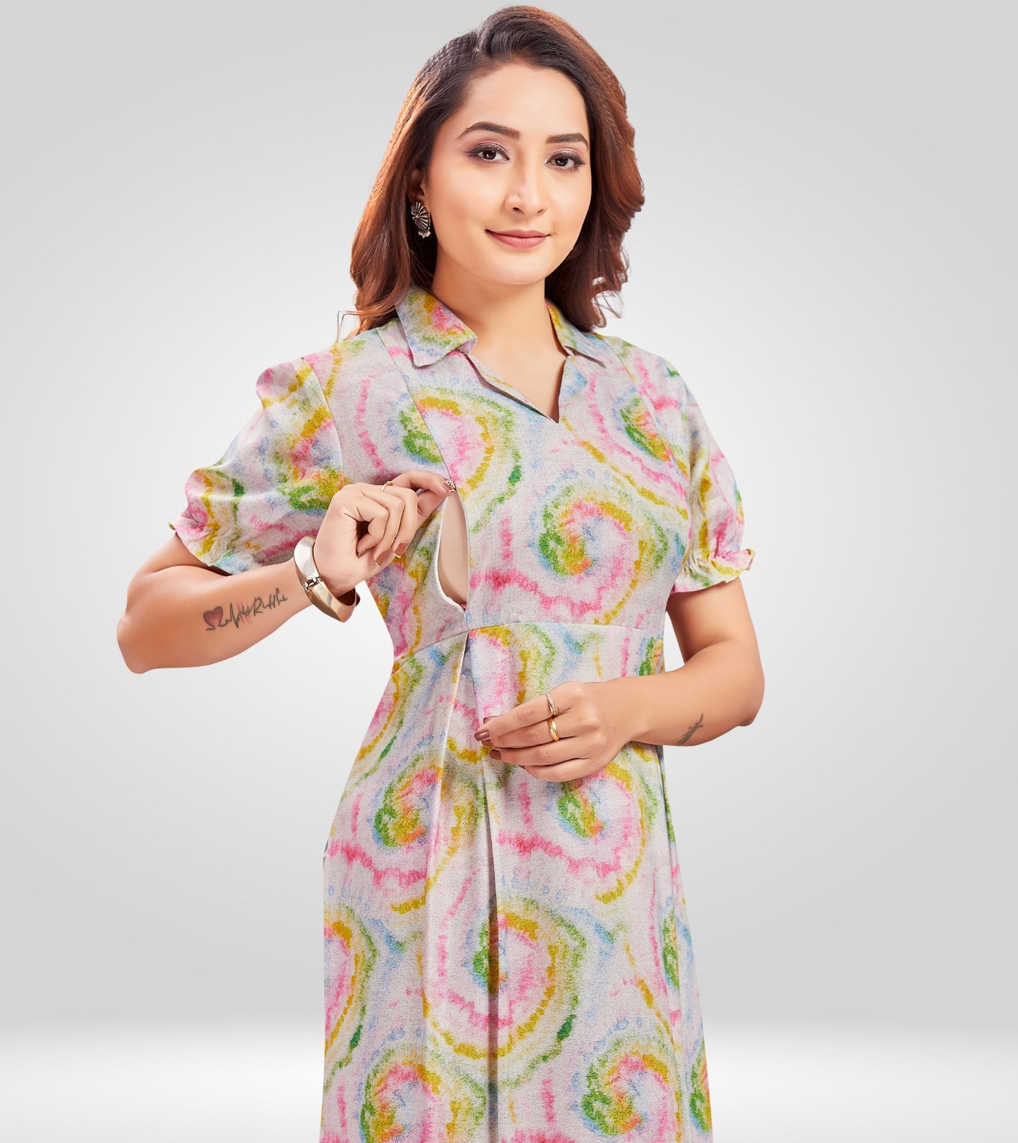 Playful Creame Cotton Collared Neck Straight Feeding Kurta