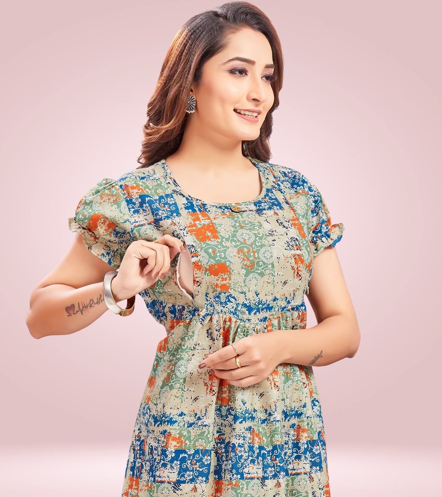 Breezy Green Cotton Printed Flared Feeding Kurta