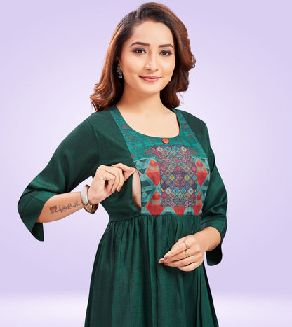 Bottle Green Rayon Printed Flared Feeding Kurta