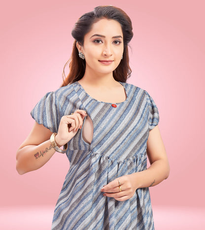 Greyish Blue Cotton Printed Flared Feeding Kurta