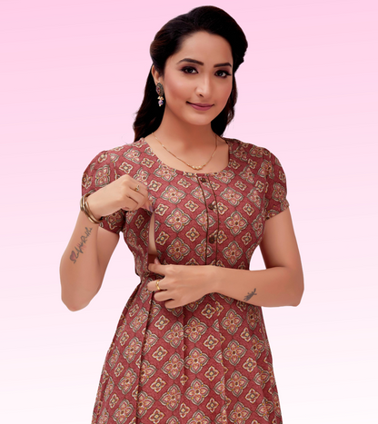 Dazzling Pink Cotton Blend Printed Flared Feeding Kurta