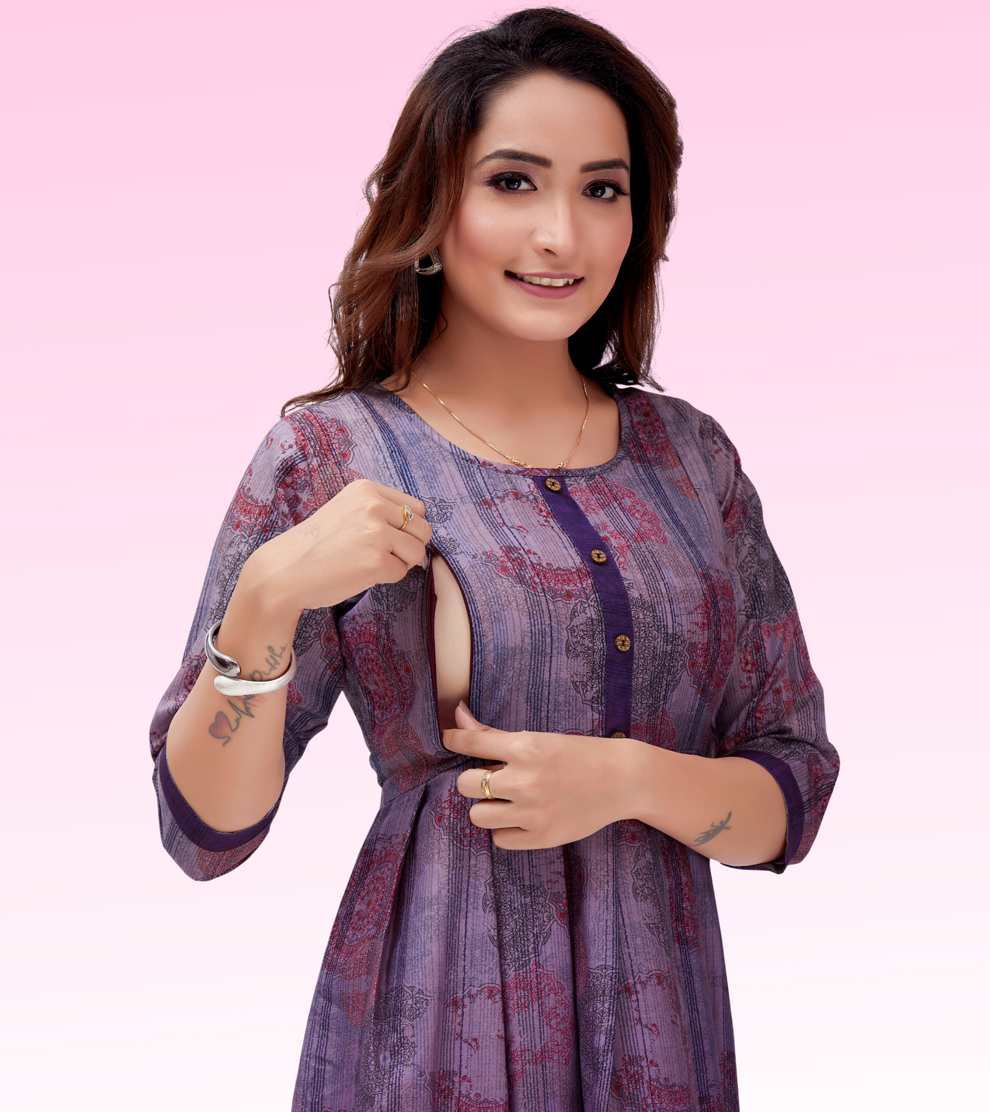 Charming Purple Cotton Printed Flared Feeding Kurta