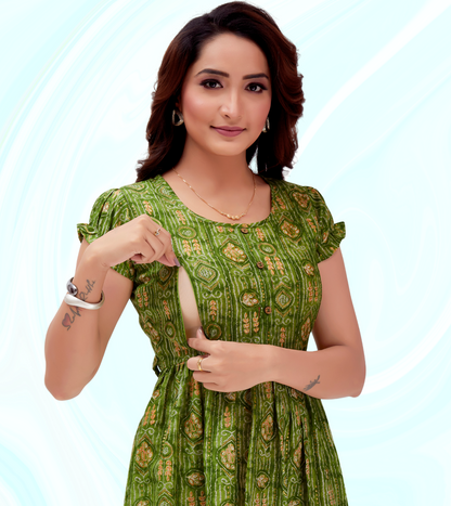 Heavenly Green Cotton Blend Printed Flared Feeding Kurta