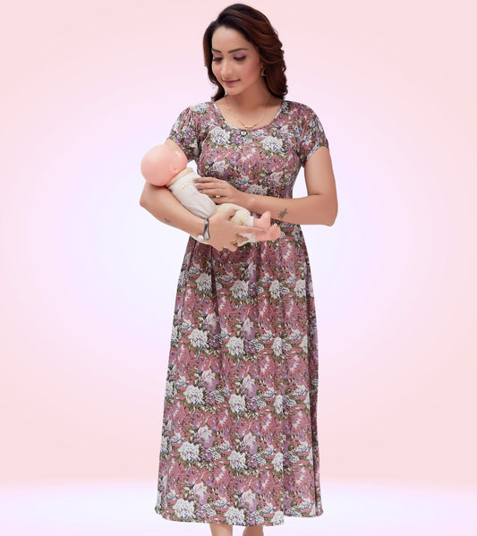 Mesmerizing Pink Poly Wrinkle Printed Flared Feeding Dress