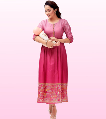 Excellent Pink Cotton Printed Flared Feeding Kurta