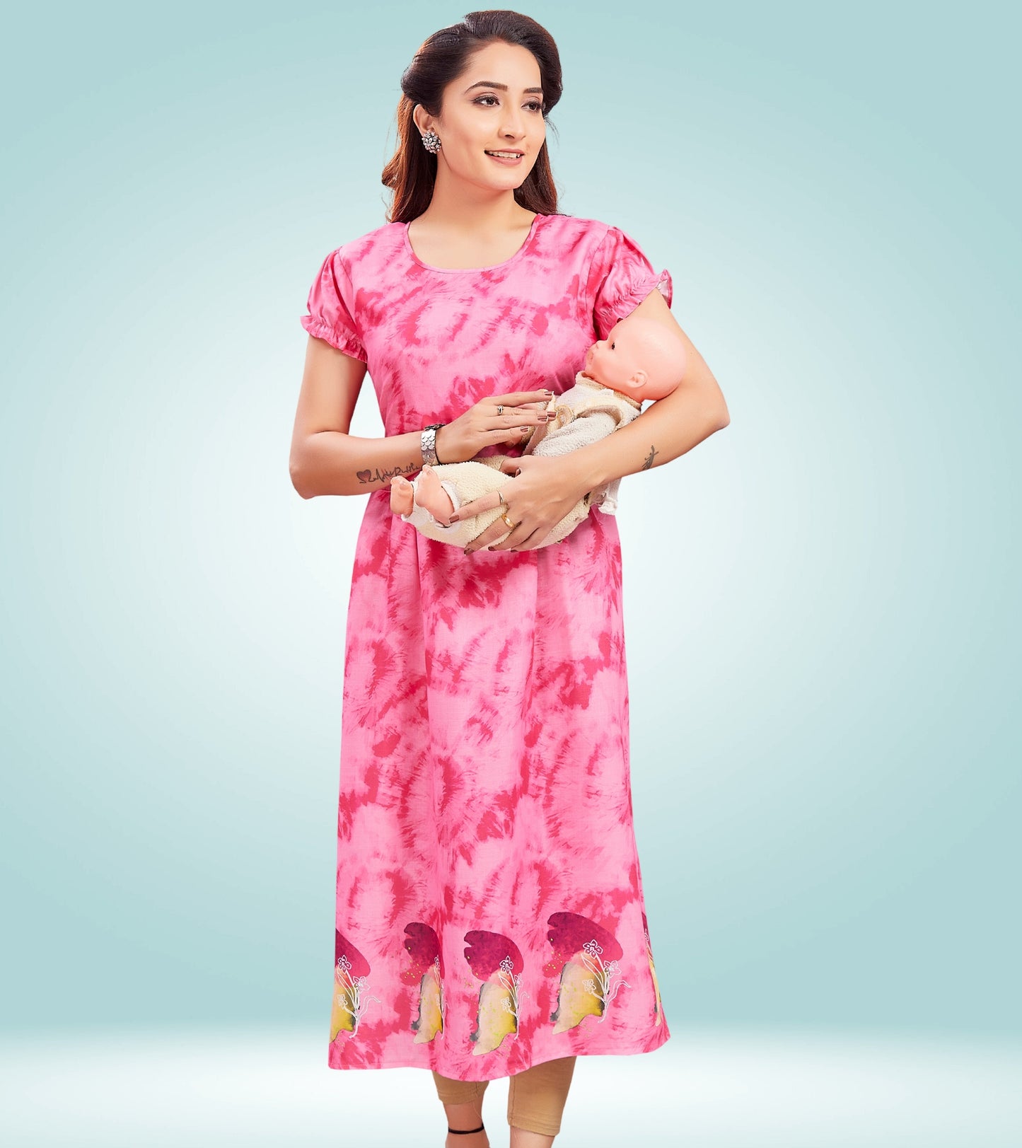 Blushy Pink Cotton Printed Straight Zipless Feeding Kurta