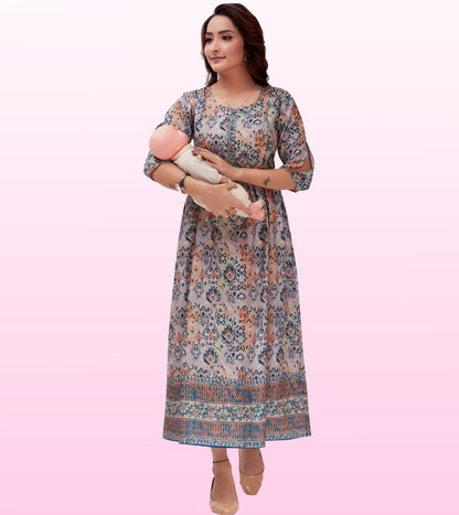 Dusty Wine Cotton Printed Flared Feeding Kurta