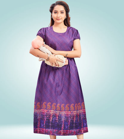 Classy Purple Cotton Printed Flared Zipless Feeding Kurta