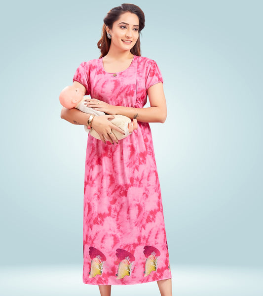 Awesome Pink Cotton Printed Flared Feeding Kurta