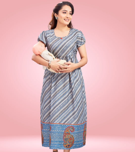 Greyish Blue Cotton Printed Flared Feeding Kurta