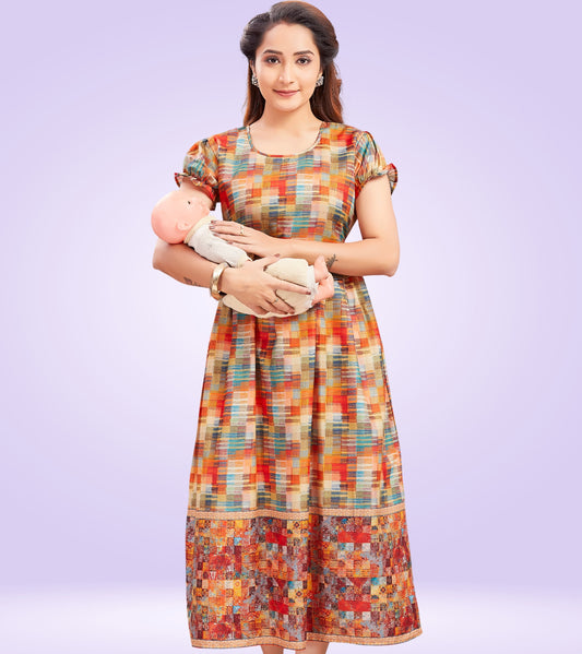 Fawny Red Cotton Printed Flared Zipless Feeding Kurta