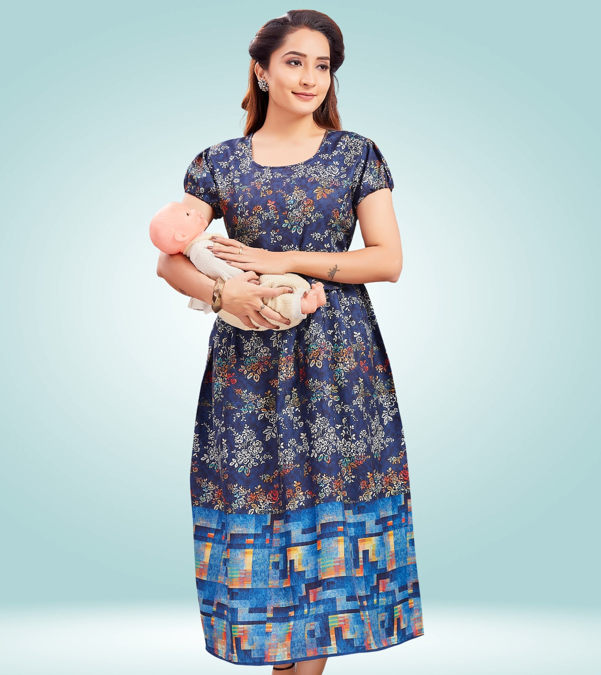 Dreamy Blue Cotton Printed Flared Zipless Feeding Kurta