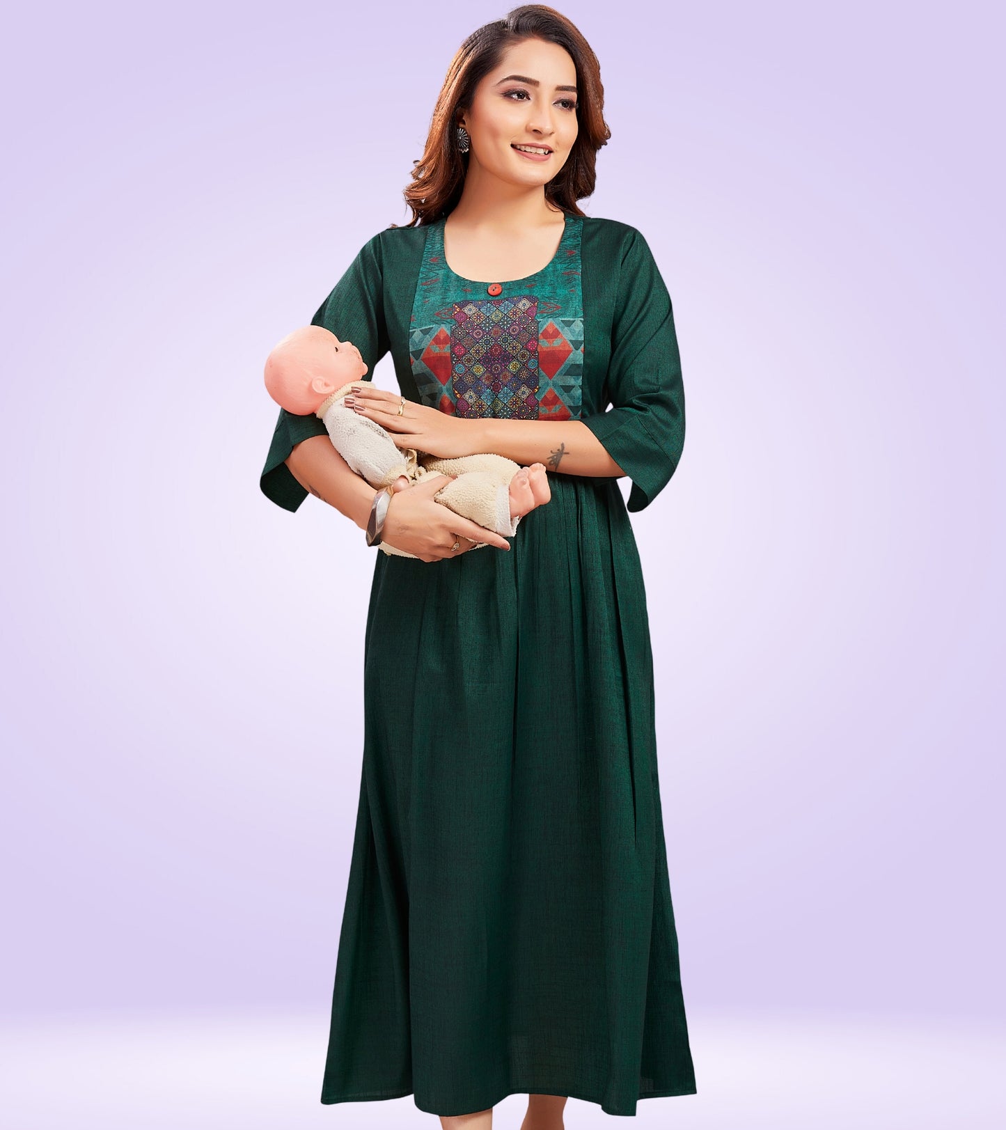 Bottle Green Rayon Printed Flared Feeding Kurta