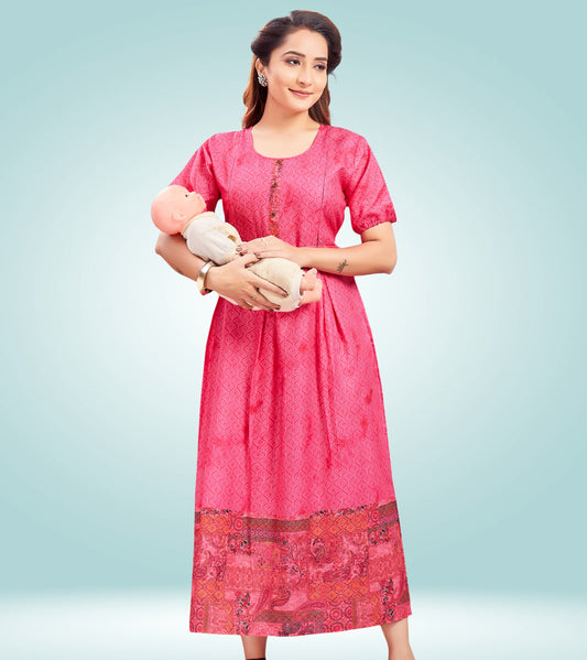 Stunning Pink Cotton Printed Flared Feeding Kurta