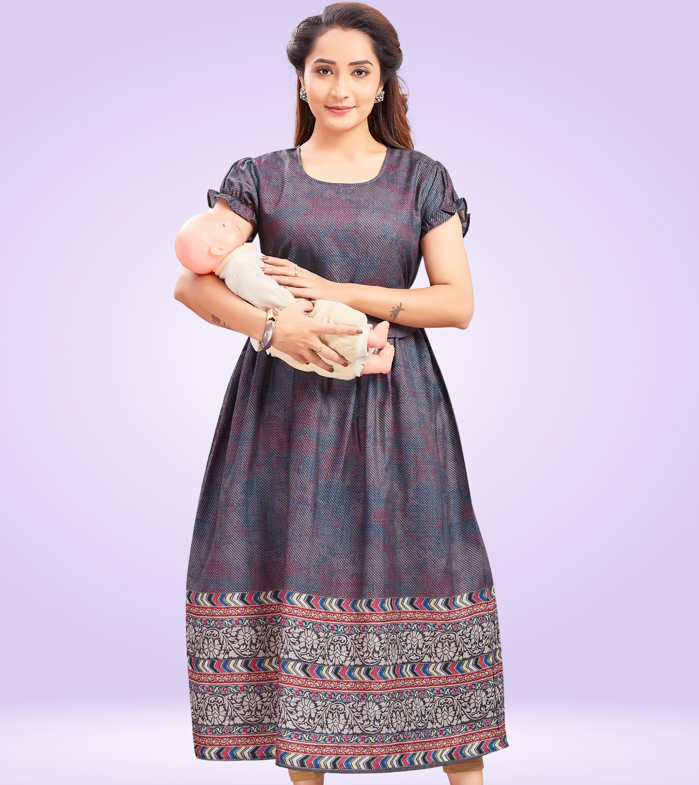 Flowy Grey Cotton Printed Flared Zipless Feeding Kurta