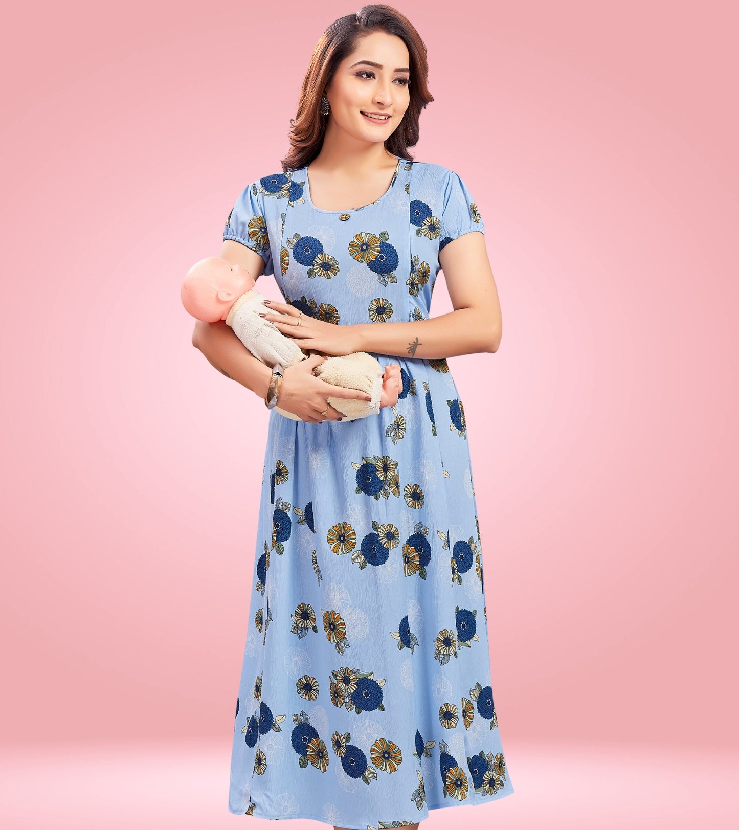 Mast Blue Poly Wrinkle Printed Flared Feeding Kurta