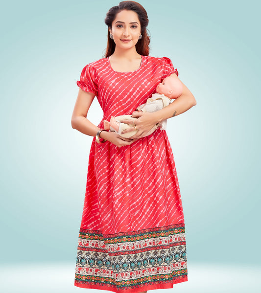 Flirty Pink Cotton Printed Flared Zipless Feeding Kurta