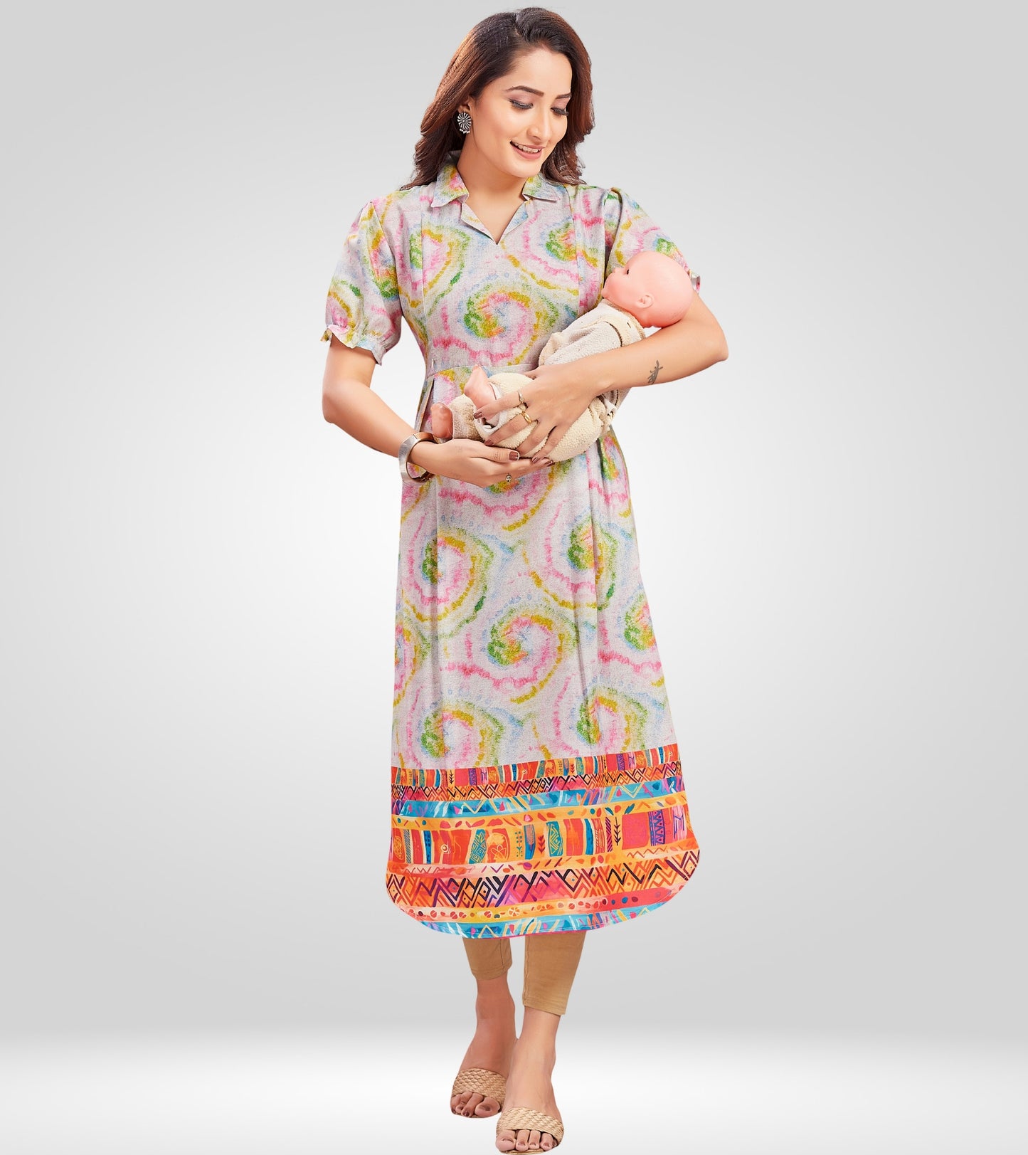 Playful Creame Cotton Collared Neck Straight Feeding Kurta