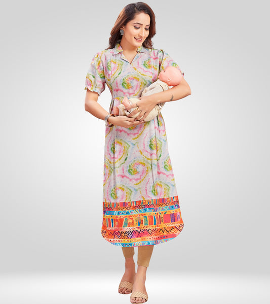 Playful Creame Cotton Collared Neck Straight Feeding Kurta