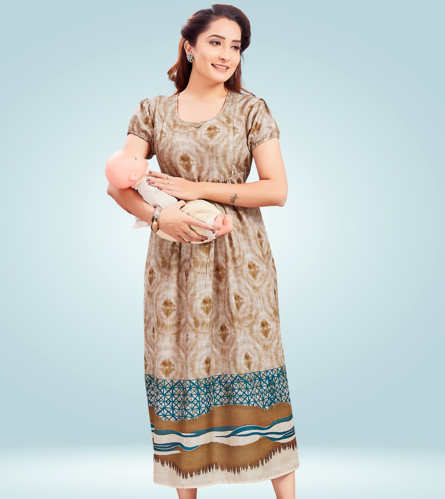 Amusing Beige Cotton Printed Flared Feeding Kurta