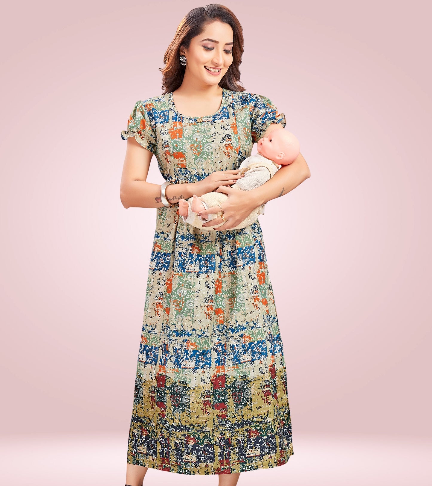 Breezy Green Cotton Printed Flared Feeding Kurta