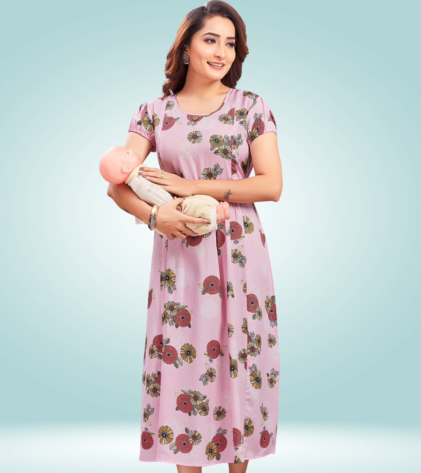 Soothing Pink Poly Wrinkle Printed Flared Feeding Kurta