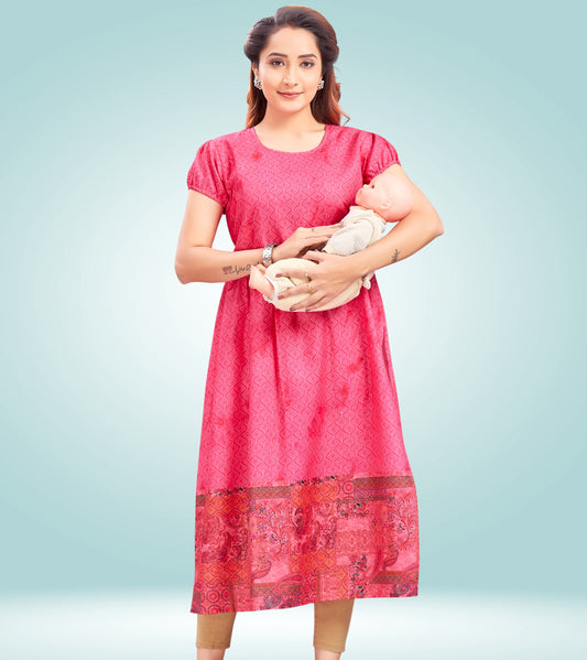 Strawberry Pink Cotton Printed Straight Zipless Feeding Kurta