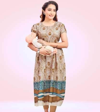 Elegant Fawn Cotton Printed Straight Zipless Feeding Kurta