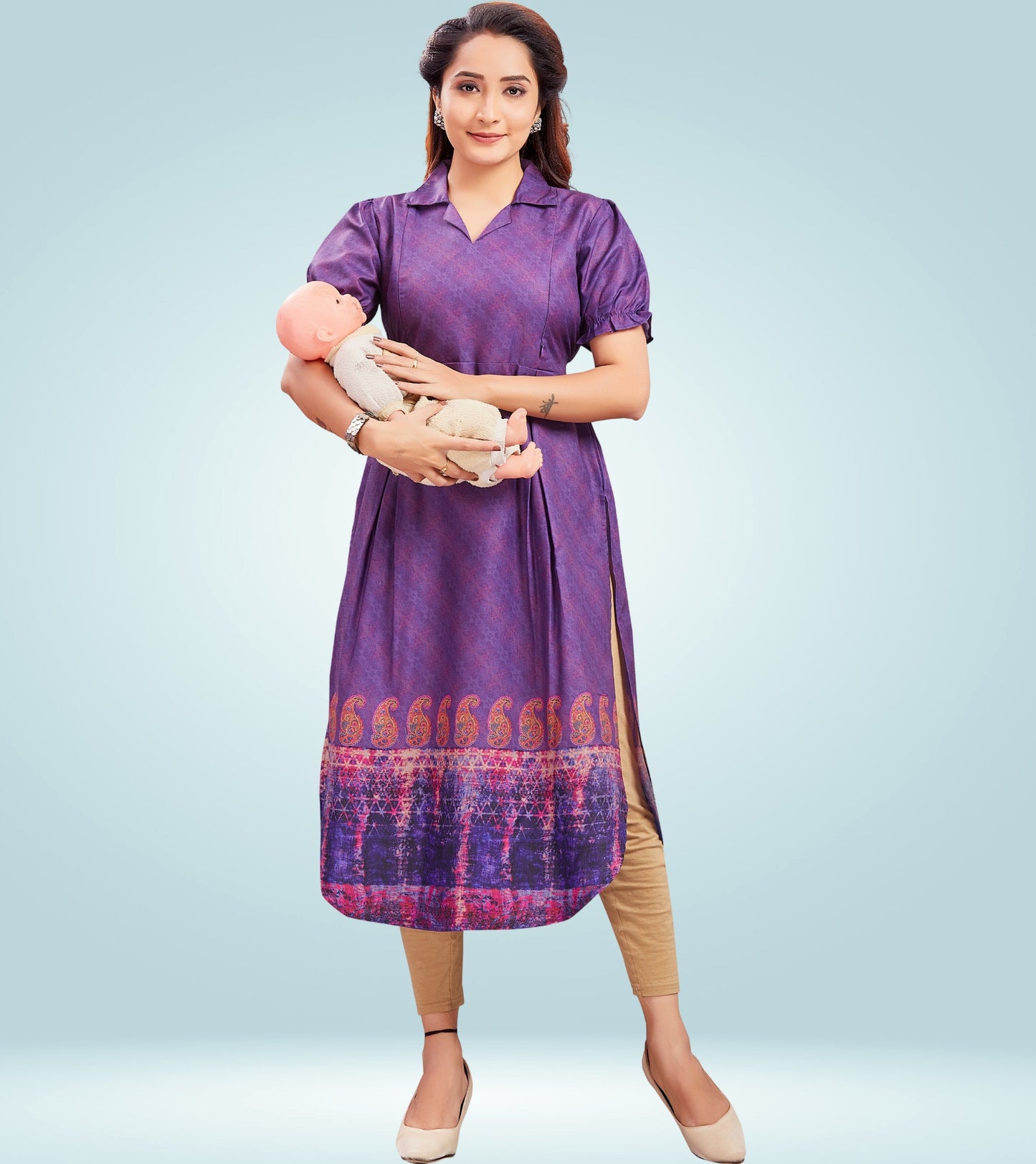 Sweet Purple Cotton Collared Neck Straight Feeding Kurta