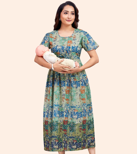 Mild Green Cotton Printed Flared Zipless Feeding Kurta