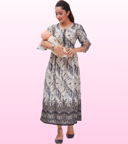 Divine grey Cotton Printed Flared Feeding Kurta