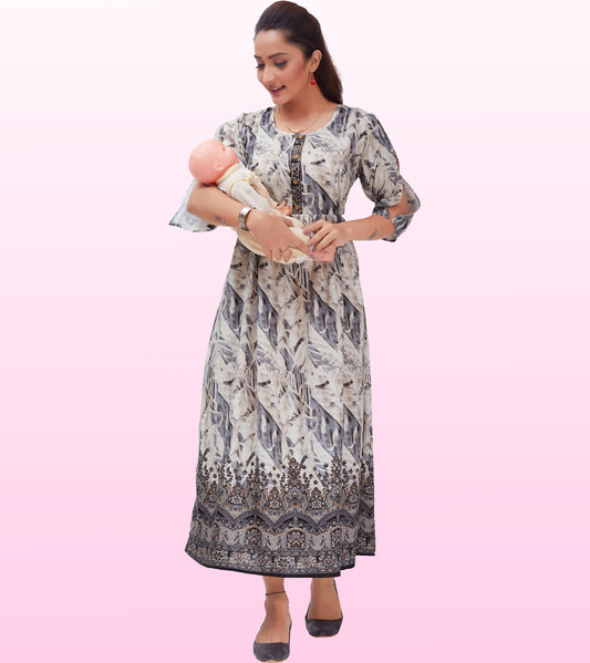 Divine grey Cotton Printed Flared Feeding Kurta