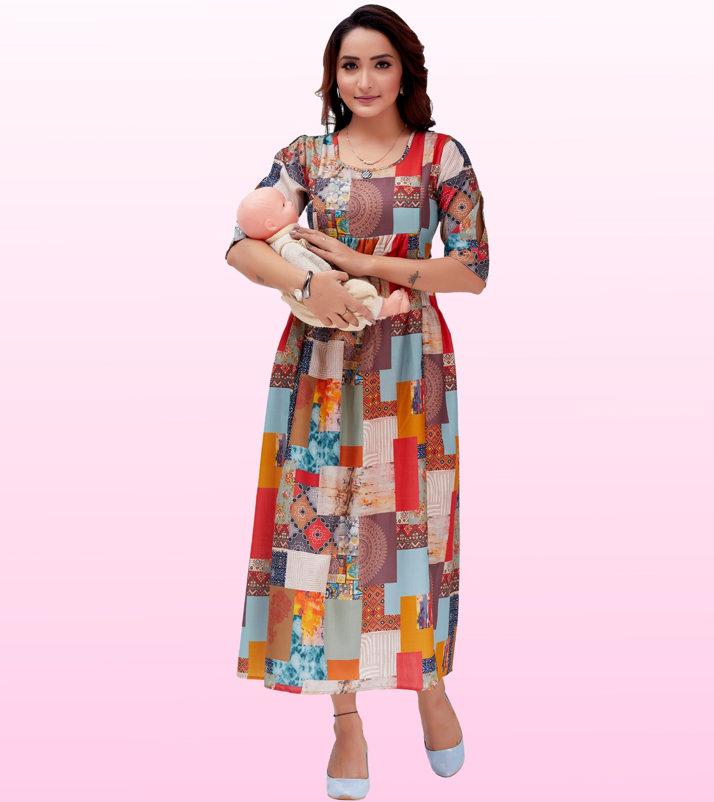 Multi Colour Cotton Printed Flared Feeding Kurta