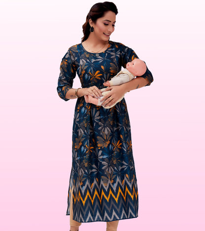 Stunning Blue Cotton Printed Flared Feeding Kurta