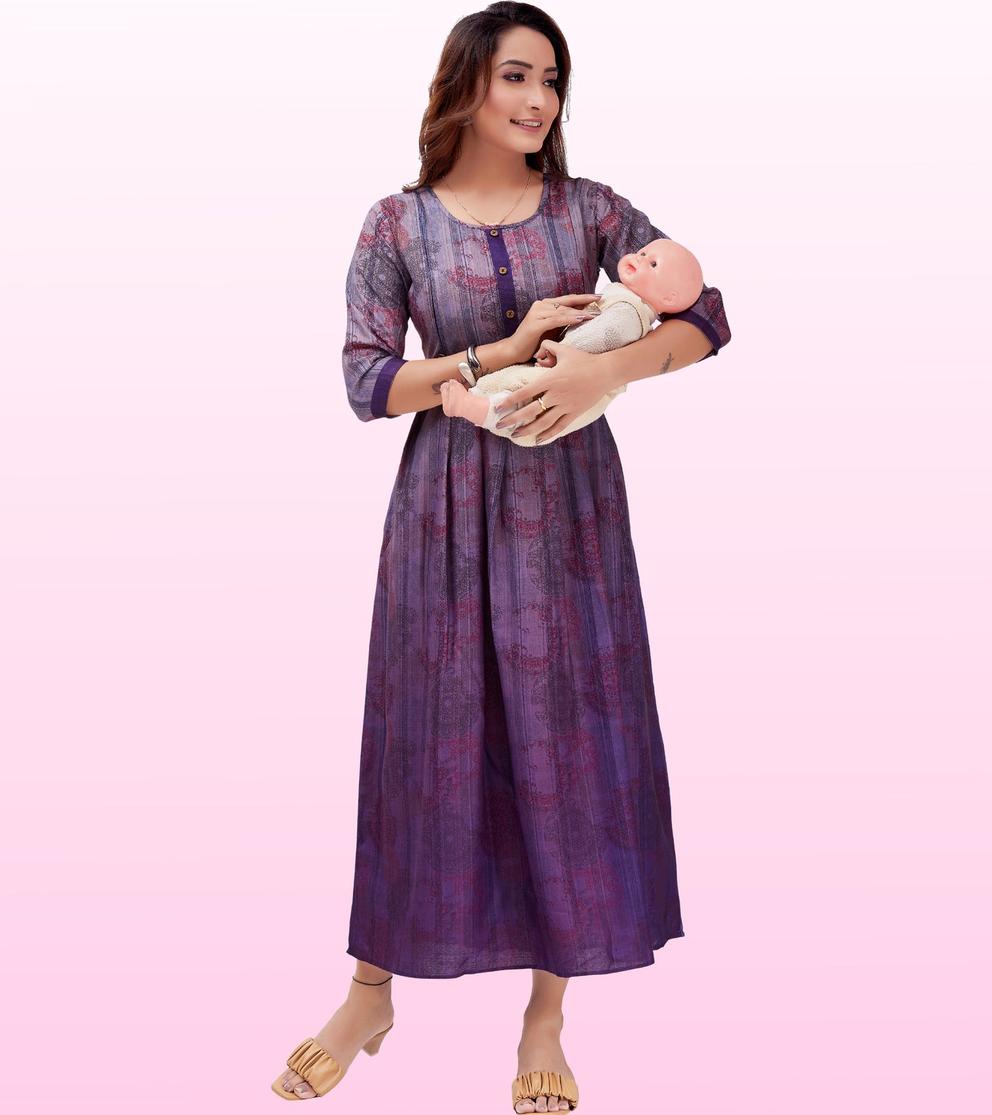 Charming Purple Cotton Printed Flared Feeding Kurta