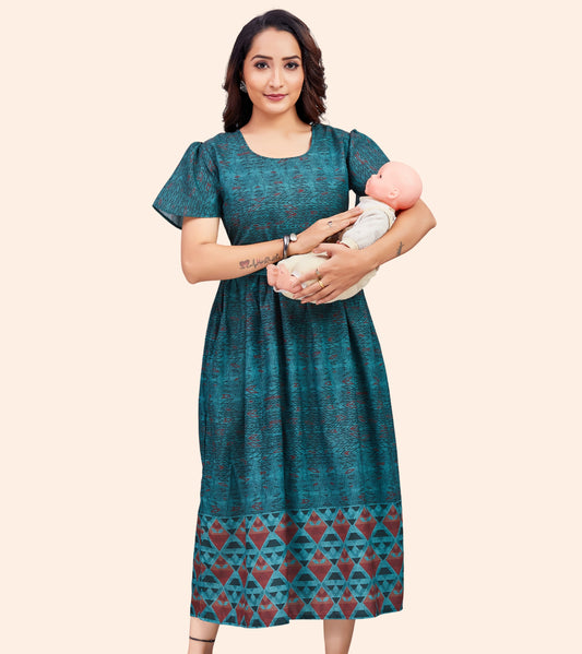 Bottle Green Cotton Printed Flared Zipless Feeding Kurta