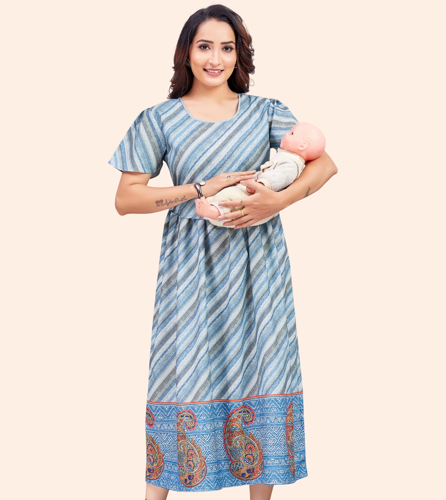 Smoky Grey Cotton Printed Flared Zipless Feeding Kurta