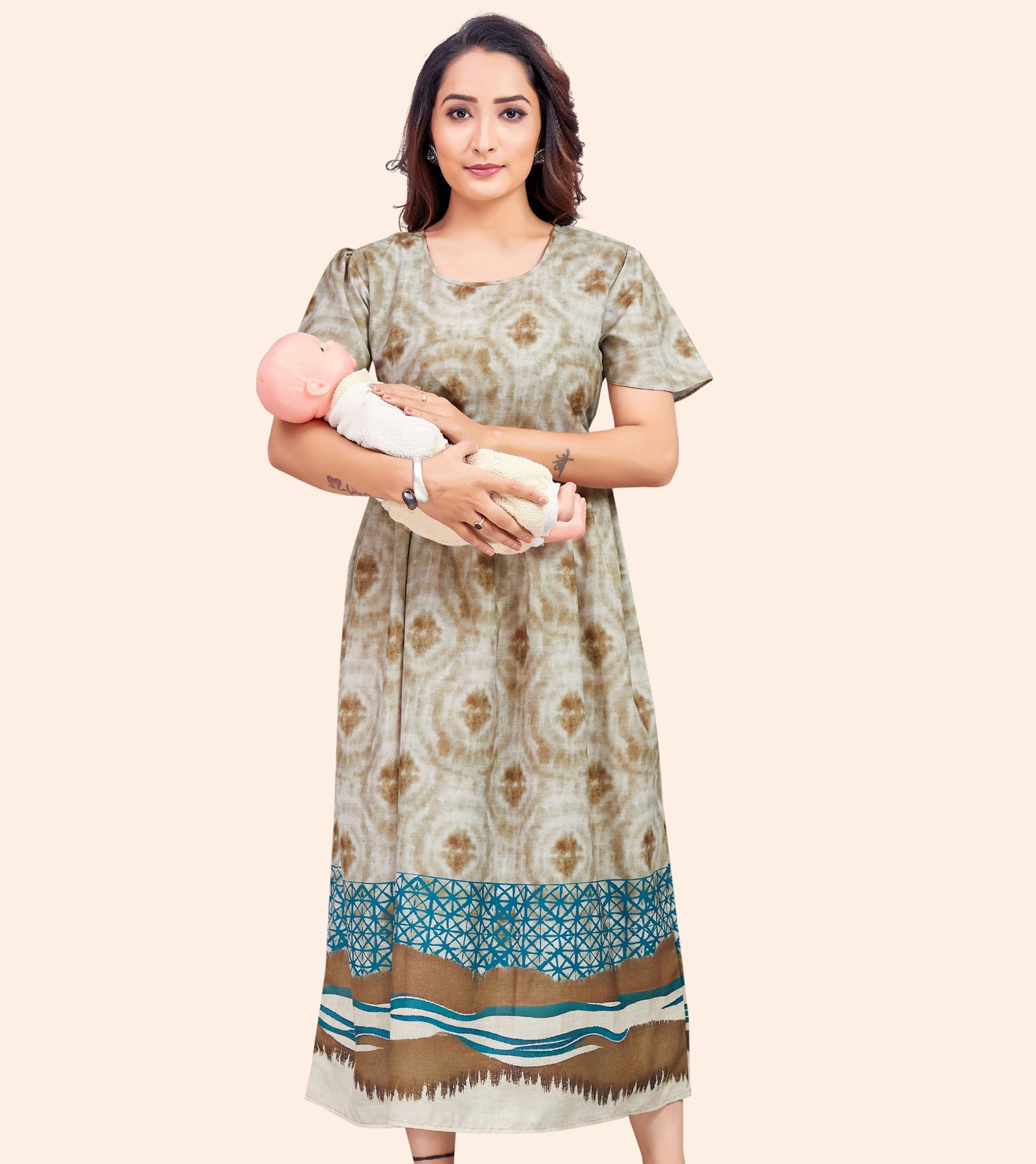 Stylish Beige Cotton Printed Flared Zipless Feeding Kurta